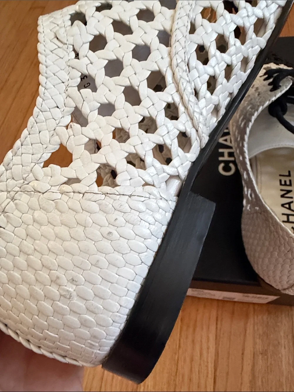 CHANEL White Woven Lace-Up Flats with Black Cap Toe